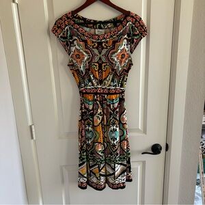 Beige by eci orange pattern dress size 10 EUC